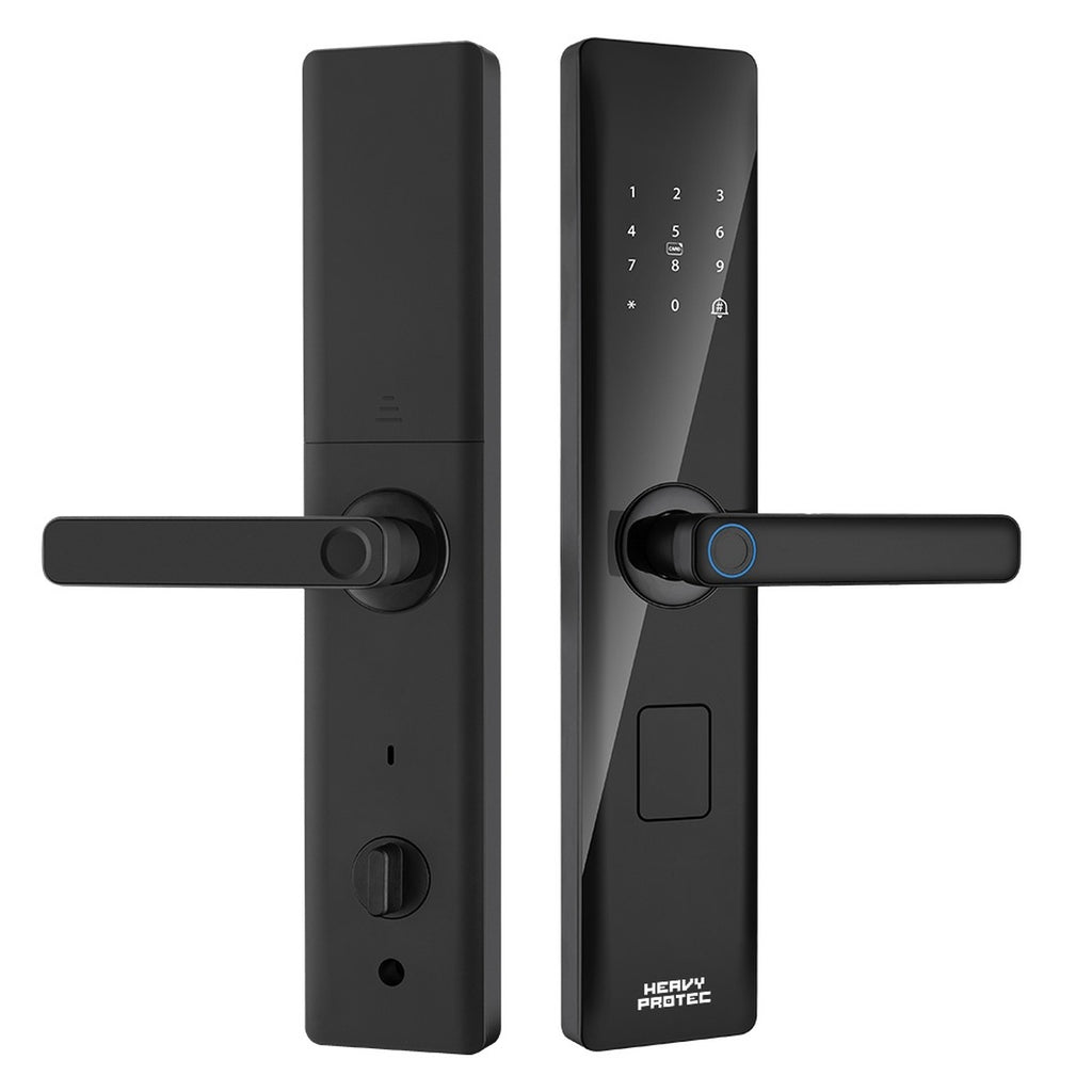 Cerradura inteligente Heavy Protec H1 en negro, vista frontal y trasera con teclado táctil y manija