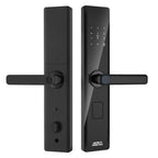 Cerradura inteligente Heavy Protec H1 en negro, vista frontal y trasera con teclado táctil y manija