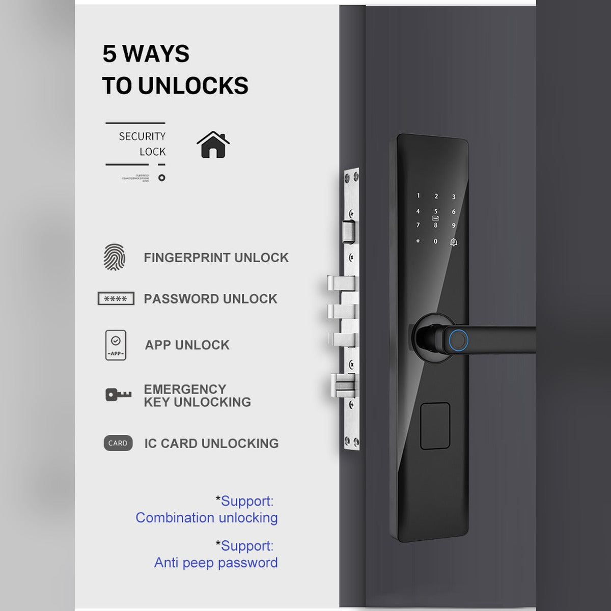 Cerradura Heavy Protec H1 instalada en puerta, panel con los 5 métodos de apertura en inglés del proveedor