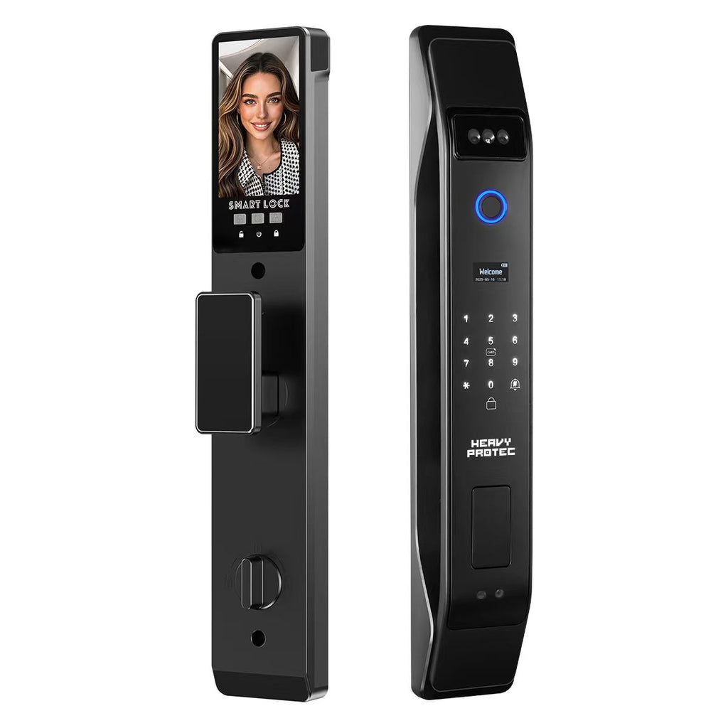 Cerradura inteligente Heavy Protec H6 en negro, vista frontal y trasera con reconocimiento facial y huella