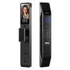 Cerradura inteligente Heavy Protec H6 en negro, vista frontal y trasera con reconocimiento facial y huella