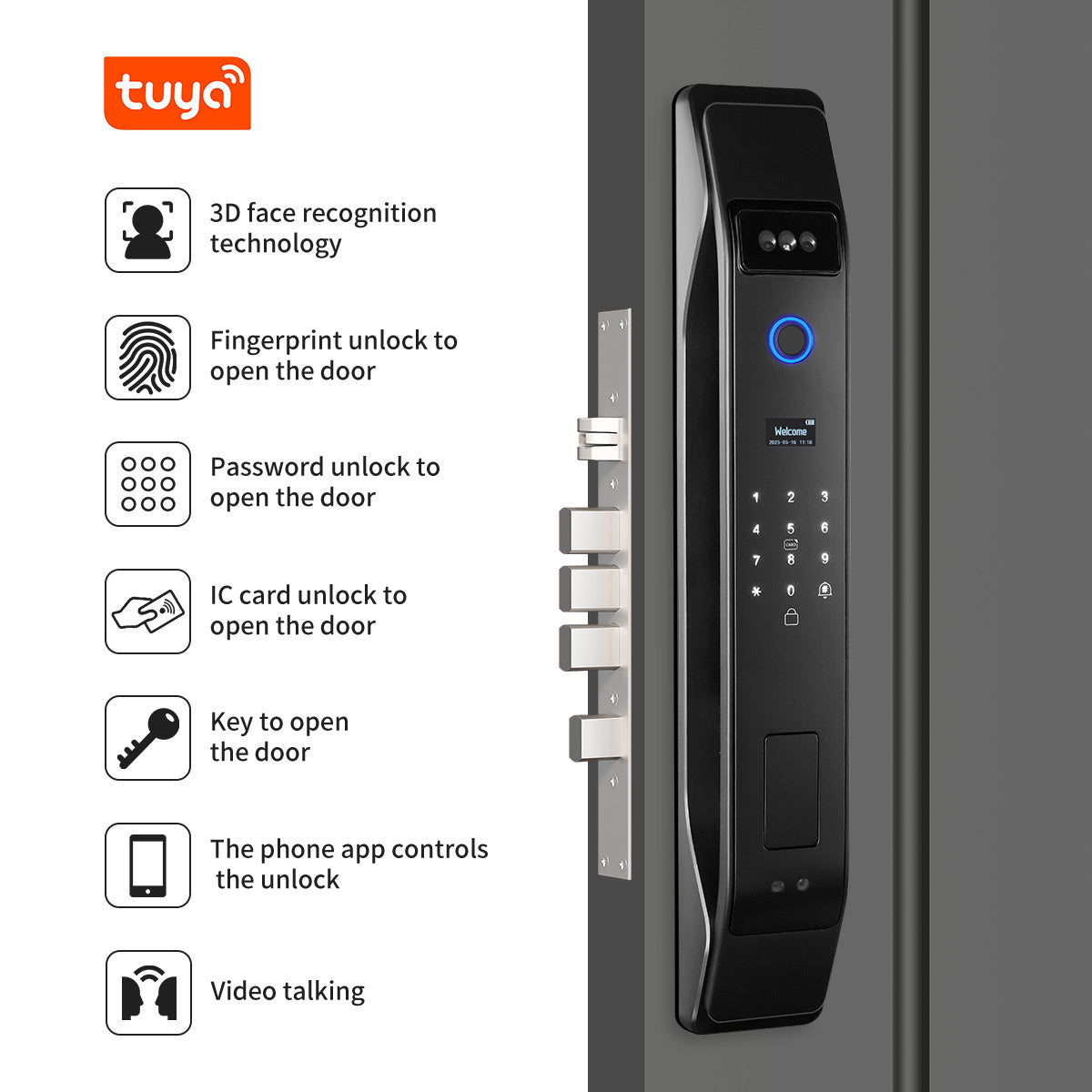 Cerradura Heavy Protec H6 instalada en puerta, panel con métodos de apertura y app Tuya en inglés